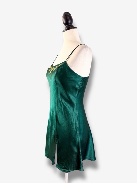 90s Vintage Victoria’s Secret Silk Slip Dress XS Emerald Green Gold Embroidered - Picture 4 of 11